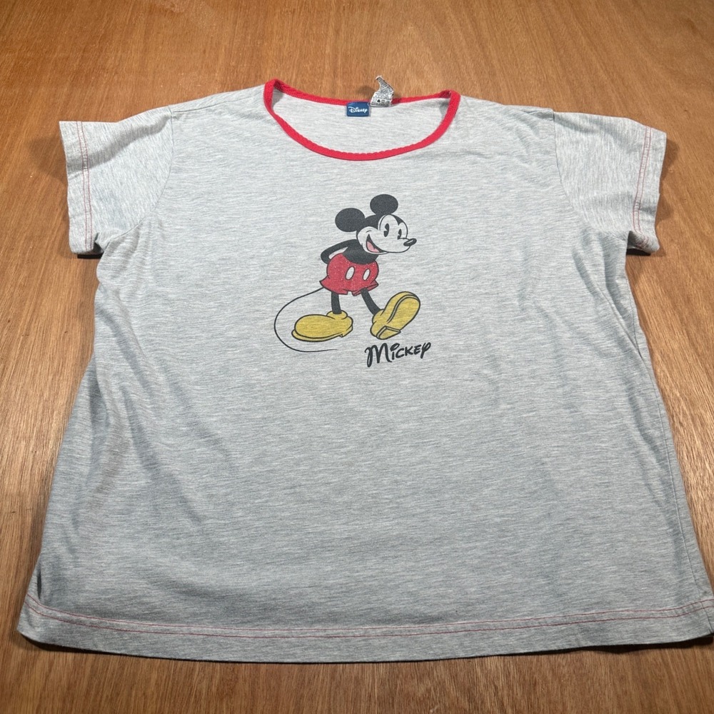 Disney Mickey Mouse T-Shirt Women 2X Gray Red Ringer Graphic Tee Short Sleeve